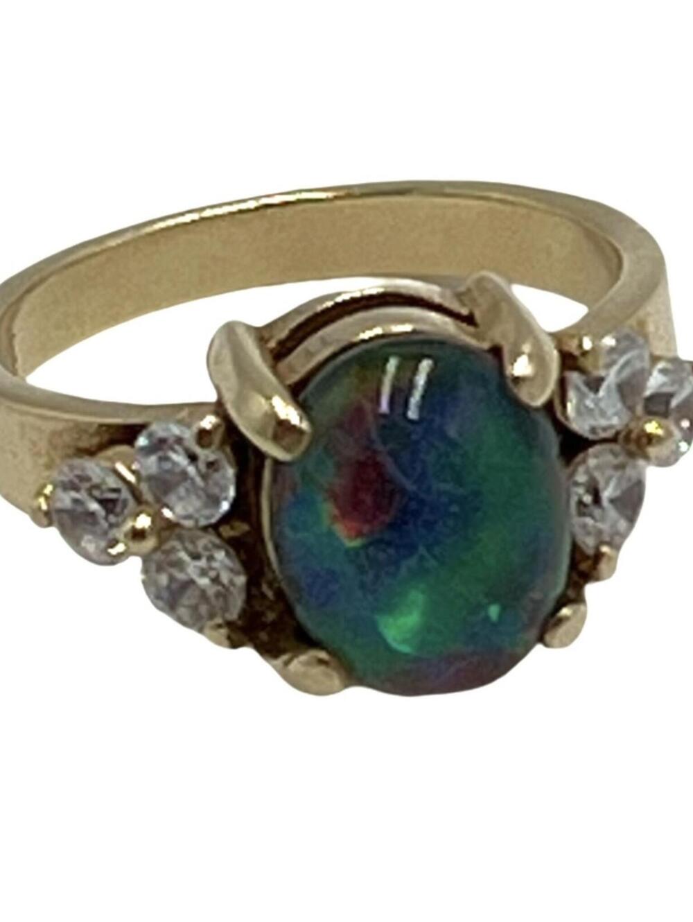 Black Opal Cabuchon & Cubic Zirconia 14K Gold Ring Size 6.75